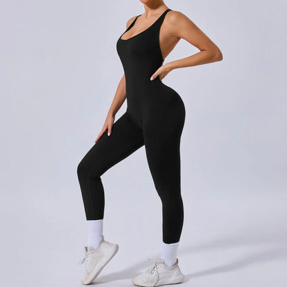 Rompers Yoga Sets Solid Black Hollow Out Bandage Backless Cross Jumpsuit for Women Fitness One-piece Gym Clothing Tracksuit