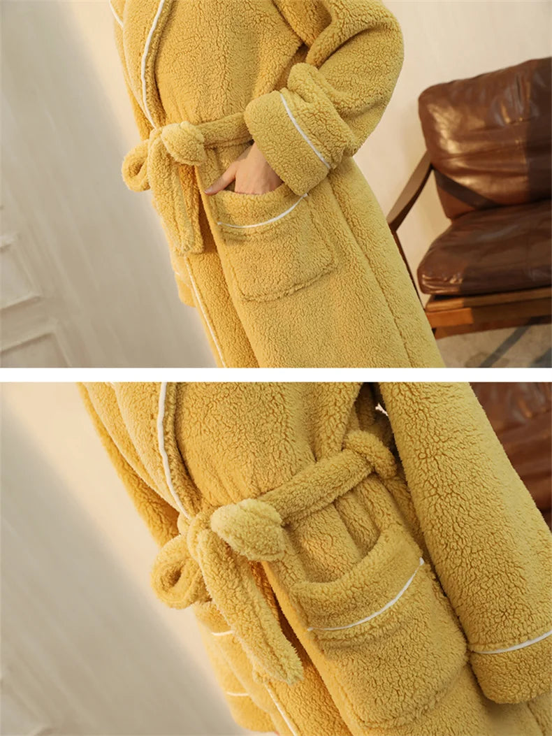 Men's Winter Bathrobe Long Sleeve Warm Turn Down Collar Man Fluffy Bath Robe With Sashes Solid Fleece Dressing Gown For Male