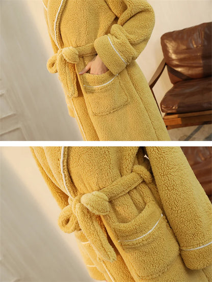 Men's Winter Bathrobe Long Sleeve Warm Turn Down Collar Man Fluffy Bath Robe With Sashes Solid Fleece Dressing Gown For Male