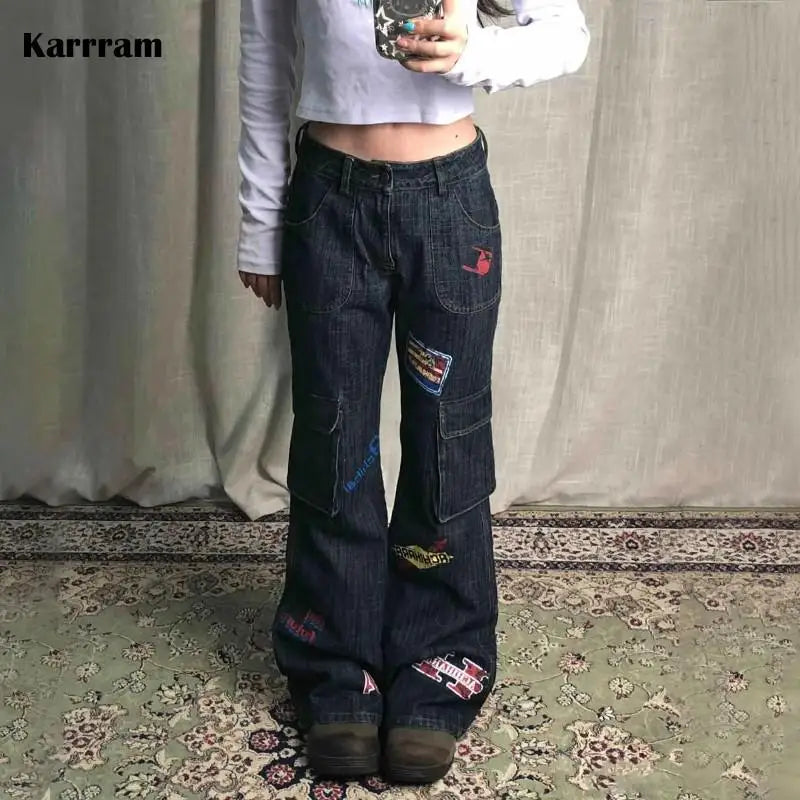 Karrram Vinatge Y2k Baggy Jeans Japanese 2000s Style High Waist Flared Jeans American Retro Denim Cargo Pants Harajuku Trousers Blue