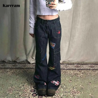 Karrram Vinatge Y2k Baggy Jeans Japanese 2000s Style High Waist Flared Jeans American Retro Denim Cargo Pants Harajuku Trousers Blue