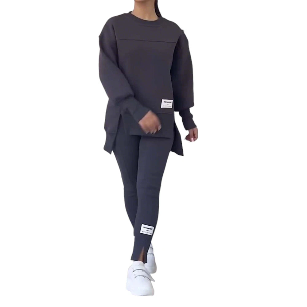 Women Two Piece Set Irregular Sweatshirt Long Sleeved Pullover Top Trouser Pants Set Autumn Winter Lady Solid Loose Outfits M L