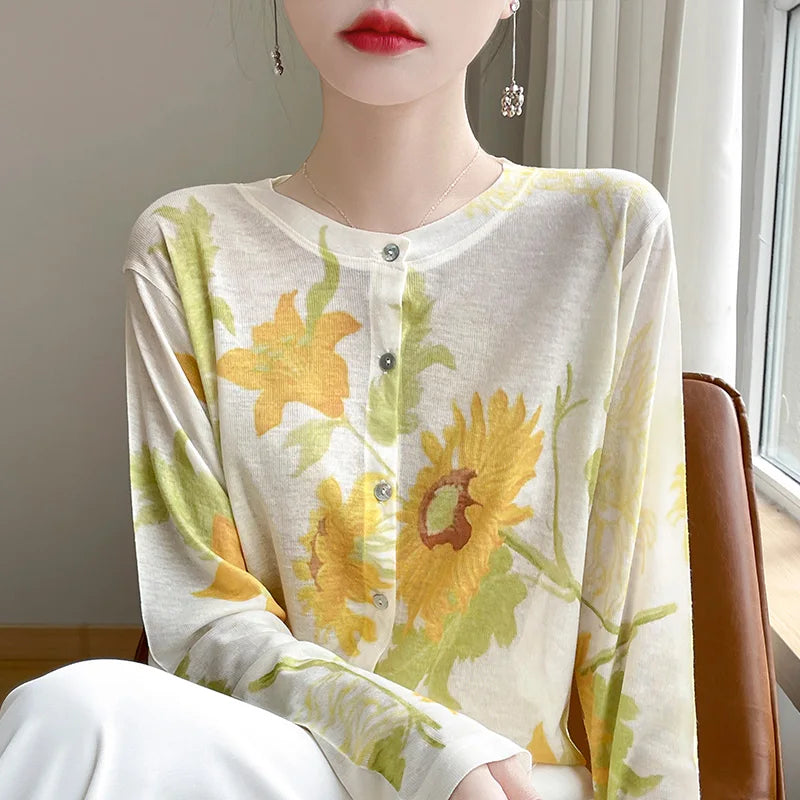 Spring And Summer New Lyocell Water-Soluble Wool Blended Round Neck Knit Cardigan Long Sleeve Feminine Sweater Printed Top 4 CHINA