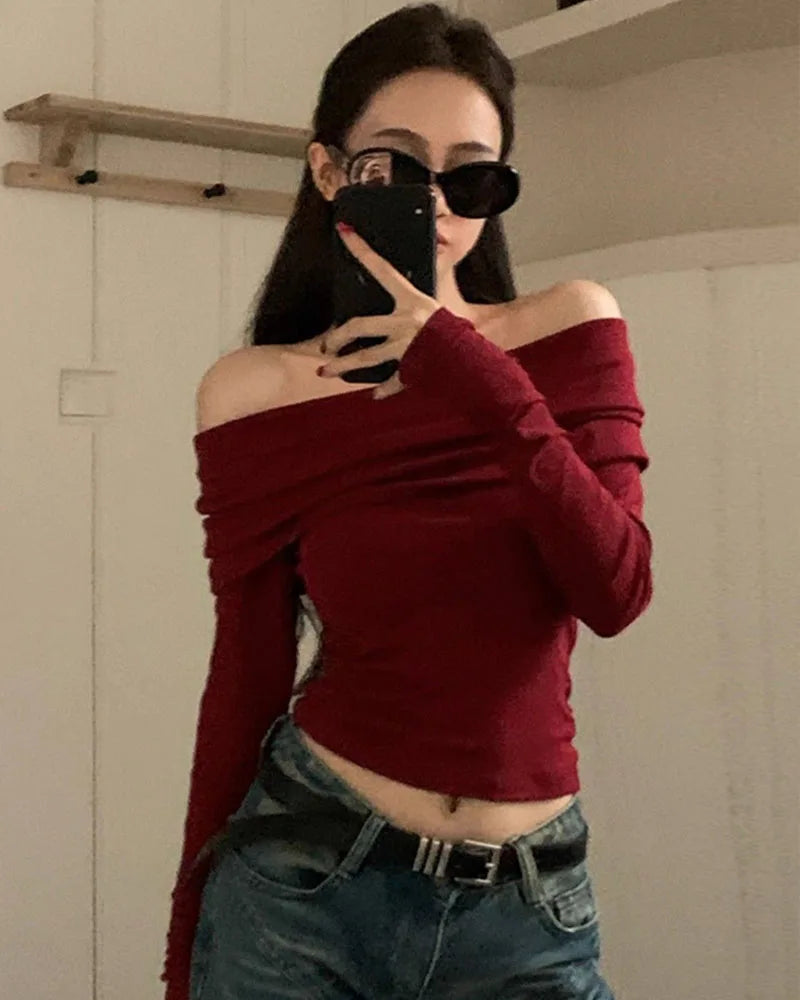 Xpqbb Vintage Slash Neck Pullover Women Korean Fashion Slim Long Sleeve Short Blouses Ladies Sexy Off Shoulder Club Party Tops