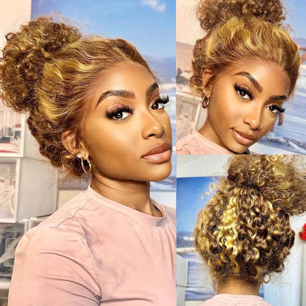 Water Wave 30 Inch Invisible Strap 360 Full Lace Front Wig Honey Blonde Highlight Deep Wave Frontal Wig Glueless Wig Human Hair