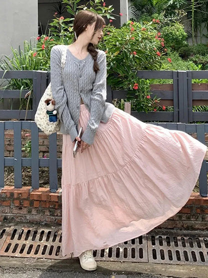 Pink midi skirt for women in spring and autumn summer 2025new high waist slimming A-line long skirt, small and fluffy cake skirt