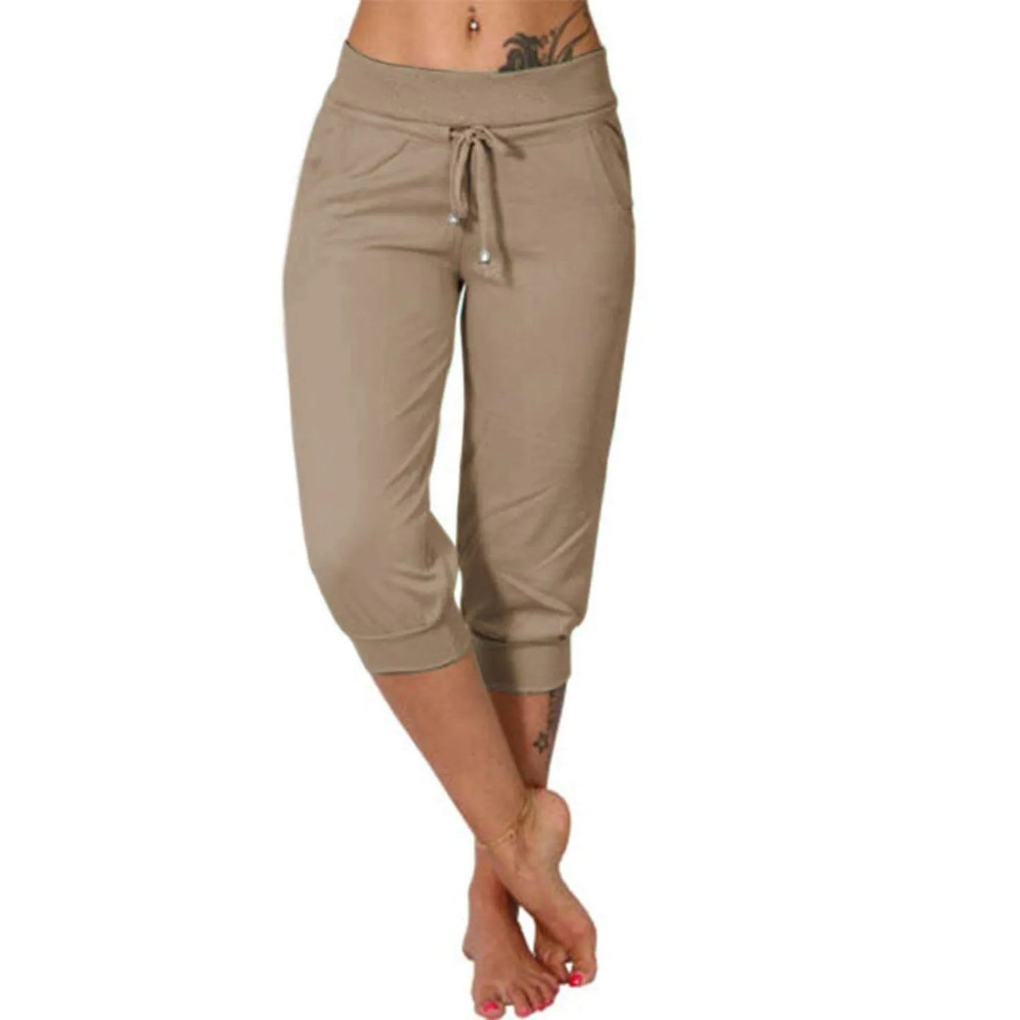 Classic Solid Color Jogging Pants Women Cotton Linen Capris Trousers Bandage Double Pocket Pants Summer Beach Vacation Wear Khaki