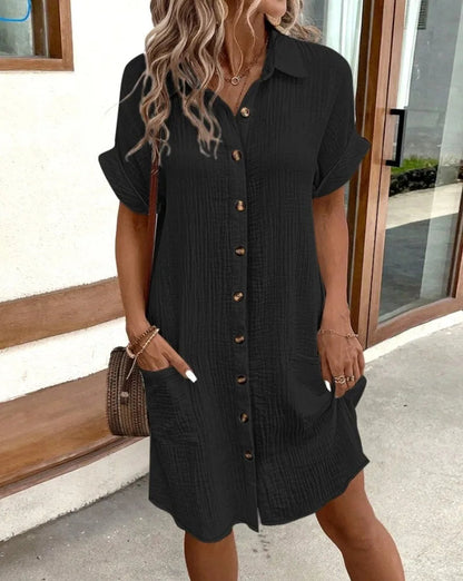 Women's Fashion Summer Minimalist V-neck Button Up Dress Woman Cotton Linen White Short Sleeved Pocket Casual Loose Shirt Dress Badiee Stylez