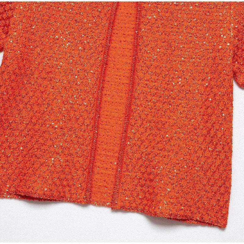 Elegant Sequined Orange Cardigans Women Y2k O-neck Short Sleeve One Button Female Tops 2025 Street Summer Lady Chic Knitwear