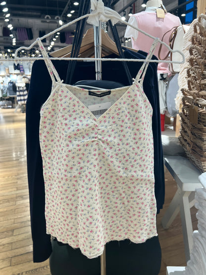 Floral Print Bow V Neck Camis Women Chic Lace Trim Sleeveless Slim Crop Tops Vest Sweet Casual Fashion Raw Hem Tank Top Y2k New Waffle floral One Size