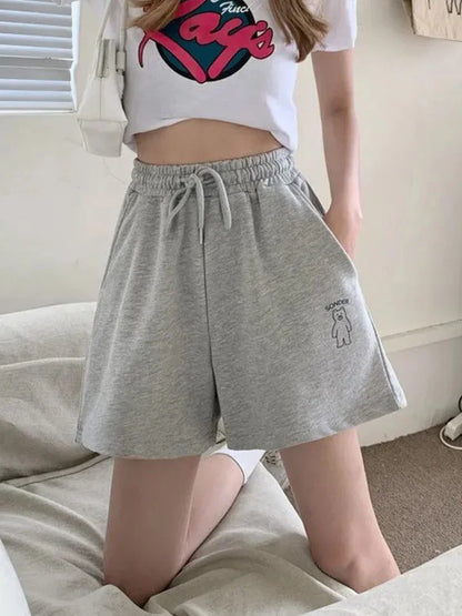 Loose Shorts Solid Pants For Women Streetwear Summer Clothes Cute Bear Printed Ropa De Mujer Elastic High Waist Casual Trousers Gray Shorts