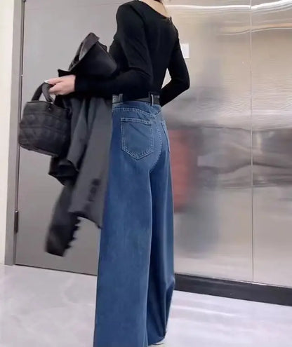 Retro Loose Super Wide-leg Jeans Women's 2024 Spring New Design Rough Edge Culottes Drape Floor Pants Women's Clothing Simple