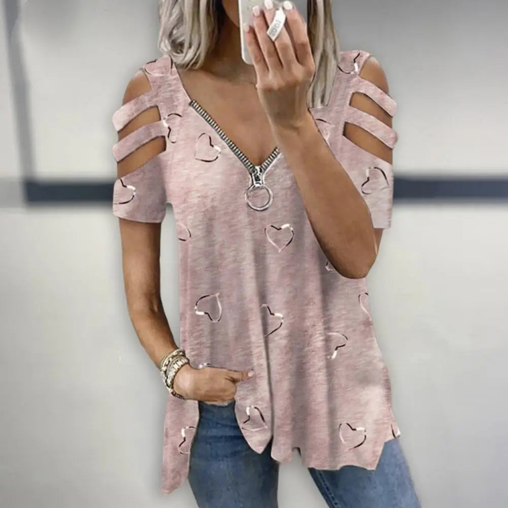 Women Summer Top V Neck Low-cut Hollow Out Short Sleeves T-shirt Match Pants Loose Plus Size Women Blouse Women Clothes