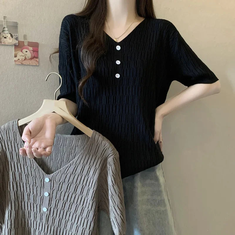 Plus Size Women's Summer New Style Slim Fit Knitted Top Belly Covering T-Shirt for Plump Sister V-Neck Big Code Sweater