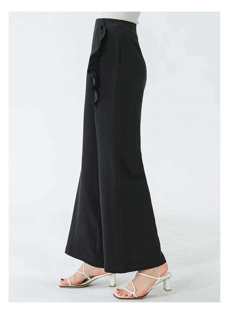 VOA Black 45 Momme Heavyweight Silk Natural Waist Trousers Asymmetrical Ruffle Office Ladies Straight Suit Wide Leg Pants KE797 Badiee Stylez