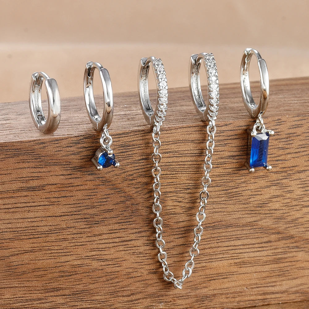 4PCS Exquisite Stainless Steel Long Chain Pendant Earrings Set for Woman Little Huggies Hoop Earrings Cartilage Piercing Jewelry silver-blue-4pcs