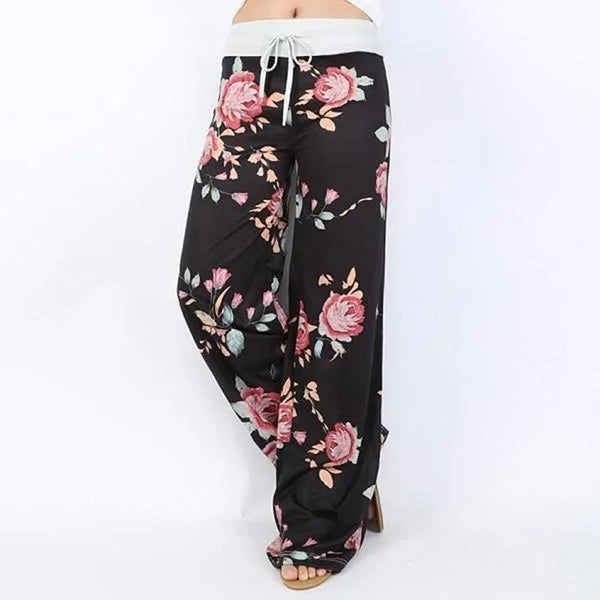 S-8XL Fashion Women Casual Loose Stretch Printing Long Wide Leg Yoga Pants Drawstring Lounge Pants Pajama Pants black