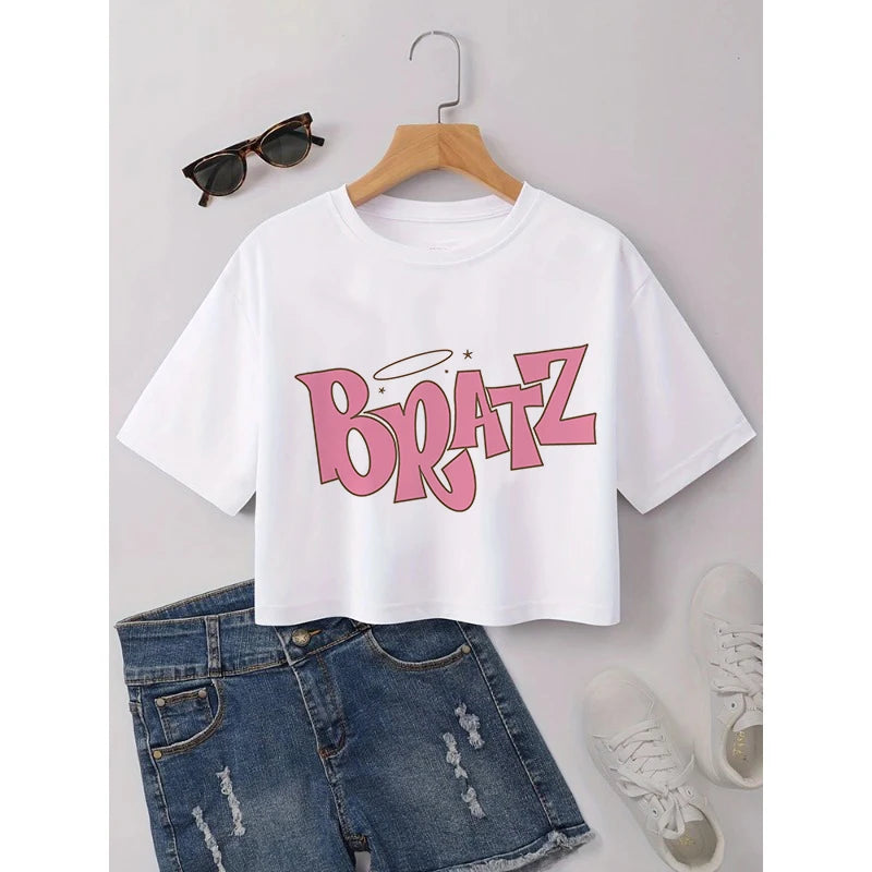 Gothic Bratz Cropped Print Crew Neck T-shirt Y2K Short Sleeve Tight Fit Crop Top Spring Summer Women's Clothing white-79171
