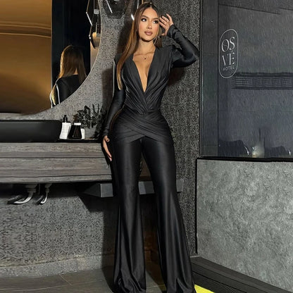 InGrily Simple Smooth Jumpsuit Women Cross v-Neck Long Sleeve Folds Skinny Solid Sexy Hipster Elegant Street Classic Chic Outfit Badiee Stylez