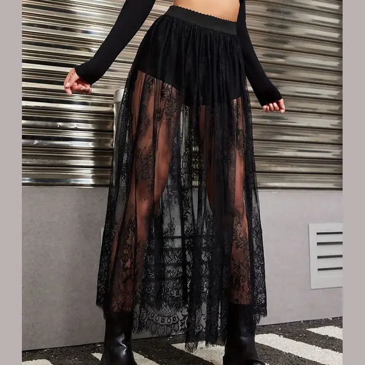 Y2k Black Mesh Long Gothic Skirt Women 2025 Summer High Waist Transparent Maxi Skirt With Shorts Lady Sexy White Lace Goth Skirt