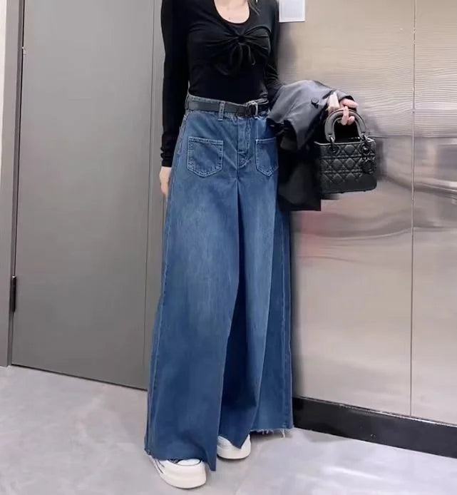 Retro Loose Super Wide-leg Jeans Women's 2024 Spring New Design Rough Edge Culottes Drape Floor Pants Women's Clothing Simple