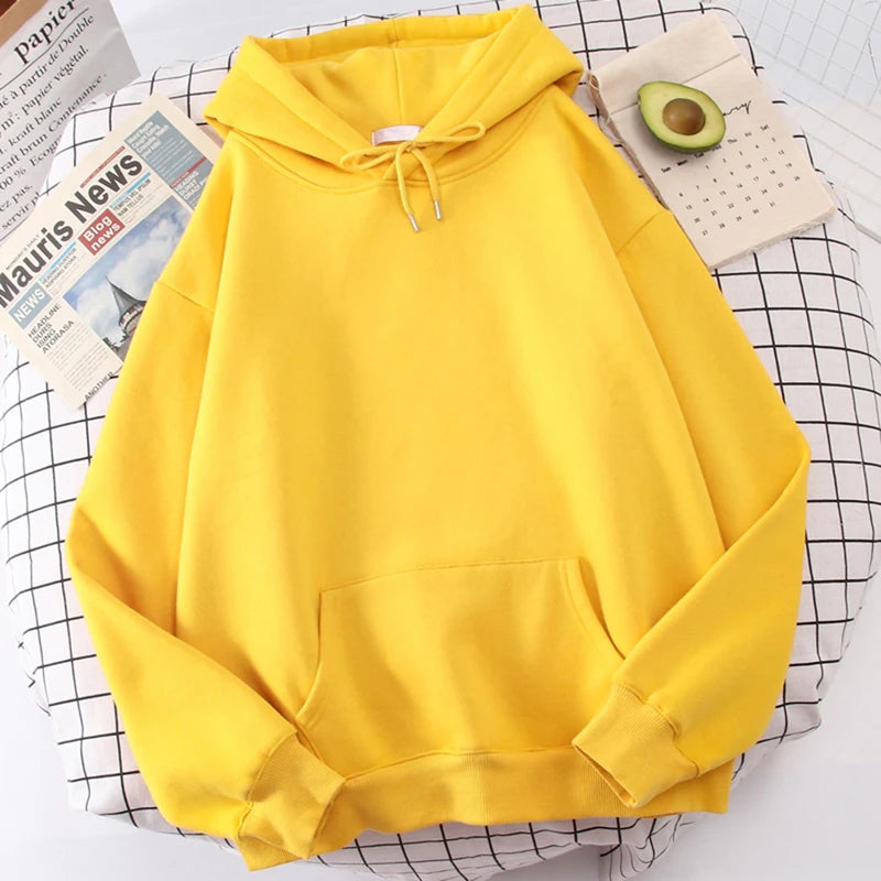 Autumn Casual Women's Solid Hoodie Comfortable Strecth Sweatshirts Loose Pocket Warm Clothes Fashion Street Female Pullovers Yellow