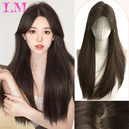 LM Long Silky Straight Synthetic Wigs with Bangs Black Cosplay Party Lolita Hair Wigs for Women Natural Heat Resistant Wig Blonde