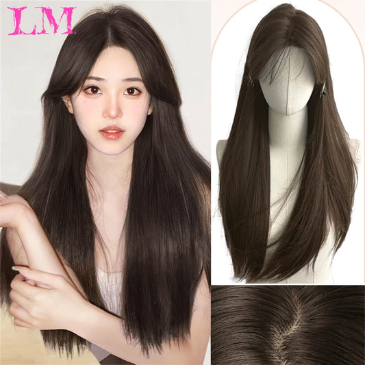 LM Long Silky Straight Synthetic Wigs with Bangs Black Cosplay Party Lolita Hair Wigs for Women Natural Heat Resistant Wig Blonde