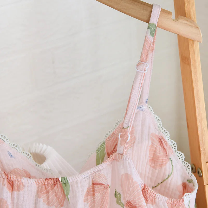 2025 New Summer Women's Pajama Set 100% Cotton Suspenders+Shorts with Chest Pads Two Piece Set of Ladies Flower Home Furnishings