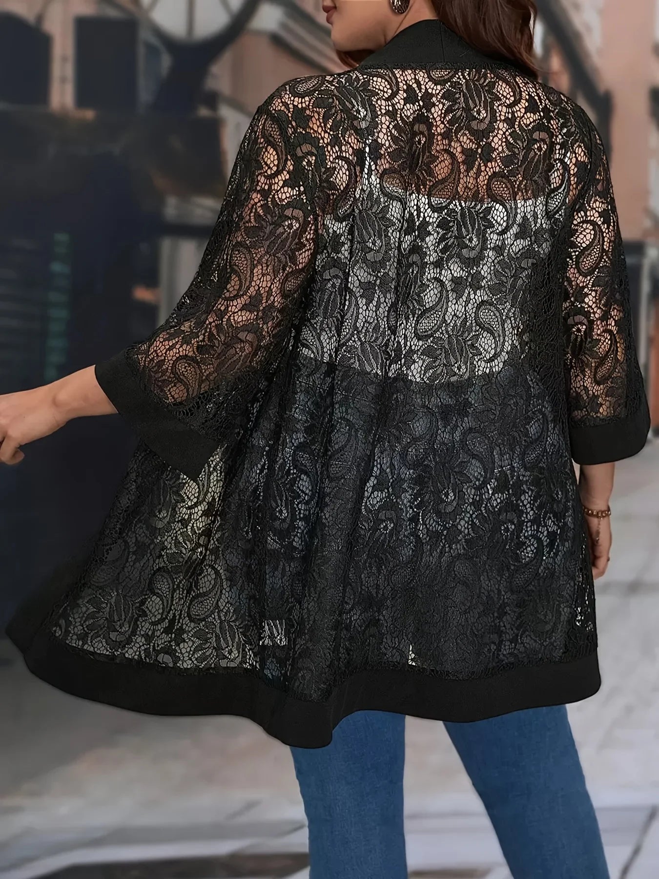 Plus Size Lace Jacket for Women Black Floral Pattern Casual Style Medium Stretch Fabric All Seasons Floral Pattern Cardigan