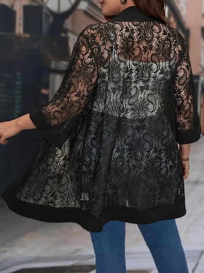 Plus Size Lace Jacket for Women Black Floral Pattern Casual Style Medium Stretch Fabric All Seasons Floral Pattern Cardigan