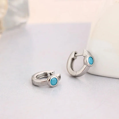 Korean Stainless Steel Turquoise Small Hoop Earrings For Women Round Circle Huggie Punk Unisex Rock Earring Piercing Jewelry Y50030 Silver