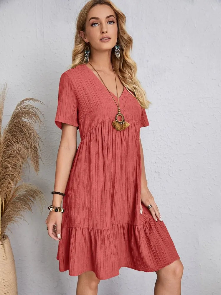 Women Elegant Short Sleeve V Neck Ruffles Dress Summer Casual Solid Loose Mini Dress Chic Bohemian Sundress Beach Party Vestidos Badiee Stylez
