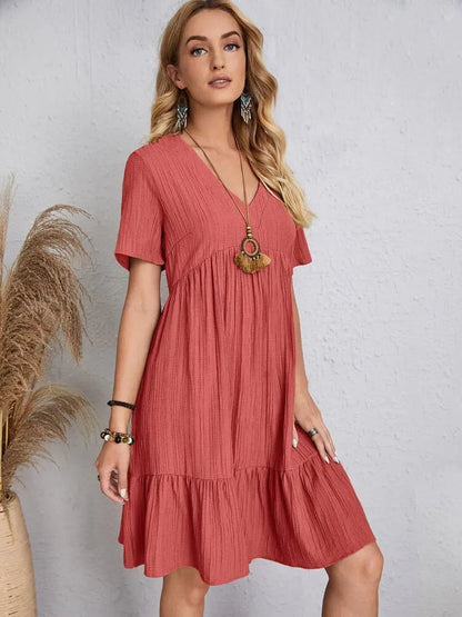 Women Elegant Short Sleeve V Neck Ruffles Dress Summer Casual Solid Loose Mini Dress Chic Bohemian Sundress Beach Party Vestidos Badiee Stylez