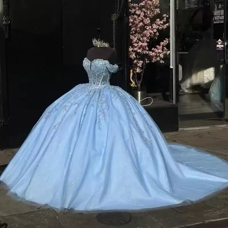 BOMARIS Blue Ball Gown Quinceanera Dresses Off-Shoulder Glittering Lace Vestidos De 15 Anos Birthday Party Princess Customized Badiee Stylez