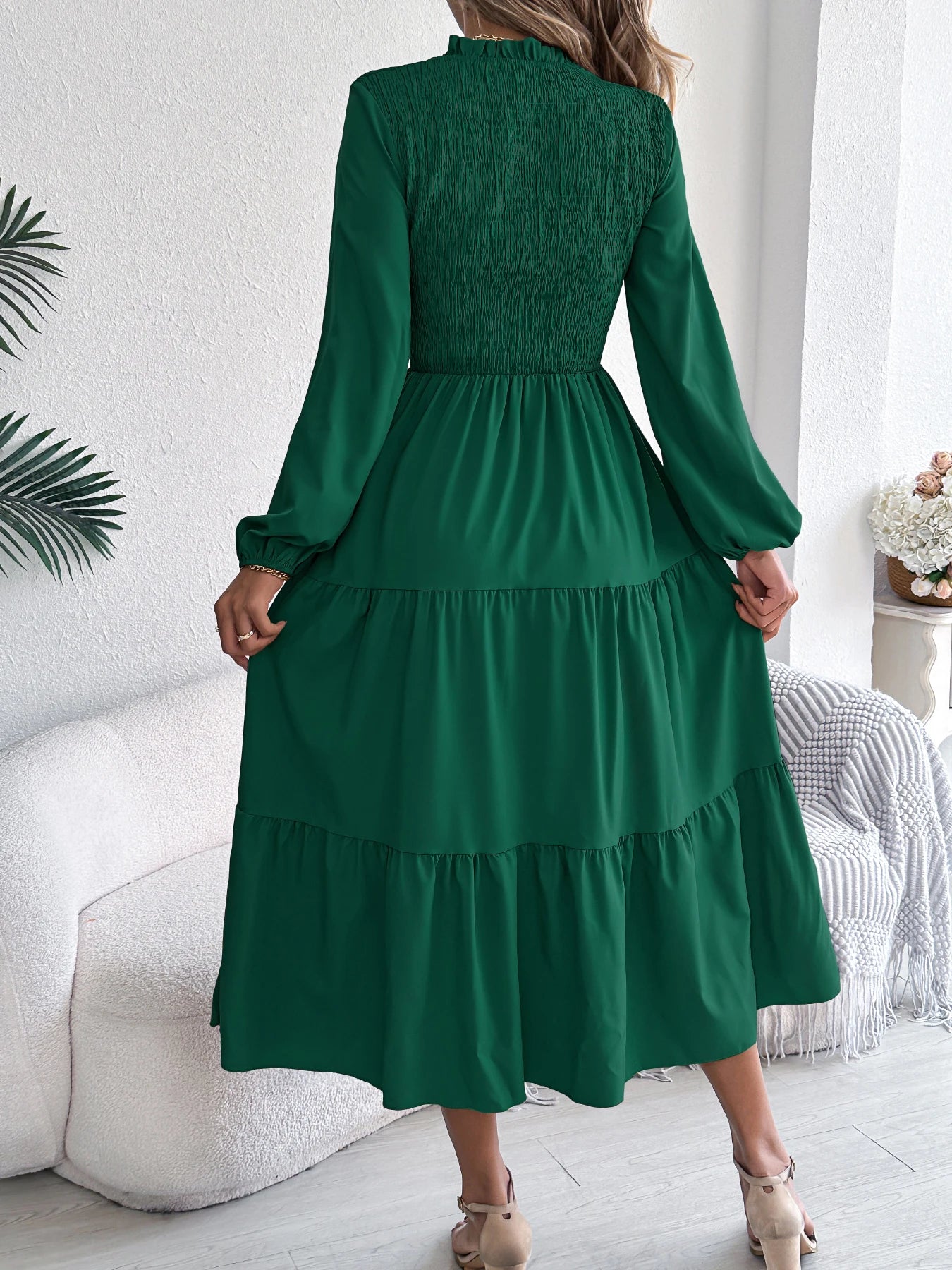 Autumn Winter Elegant Dresses for Woman Solid Color Round Neck Long Sleeve Ruffled Dresses Khaki Green Red