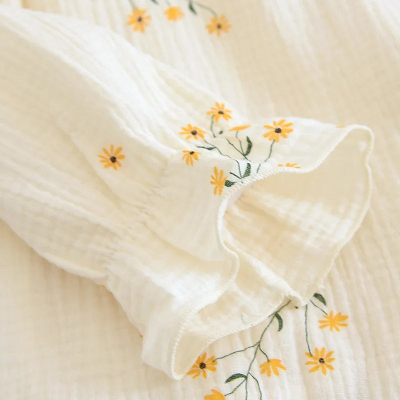 Fdfklak 2025 Spring Crepe Kimono Long Sleeve Home Clothes Female Sleepwear Gauze Cotton V-Neck Home Suit Women's Pajama