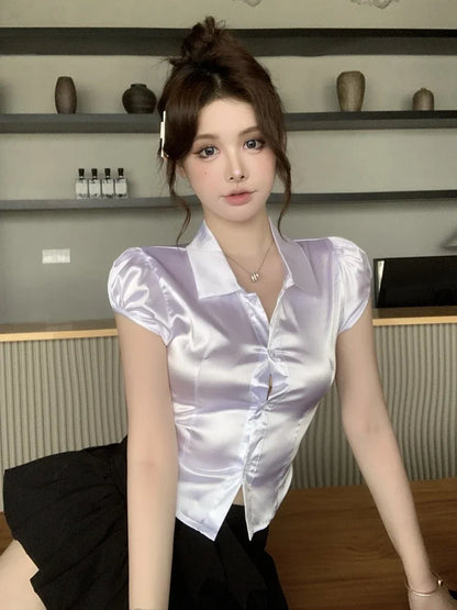 Summer Sexy Silk Shirts Women 2025 Korean Fashion Clothes Short Sleeve Button Up Ladies White Puff Sleeve Crop Tops and Blouses