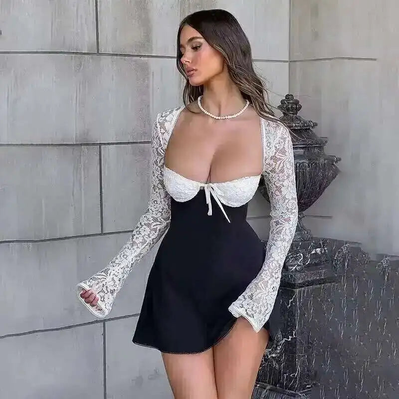 Townlike Lace Patchwork Waist Wrap A-line Dress Women Mini 2024 Autumn Winter Dress Backless Nightclub Sexy Party Dresses 4415973white