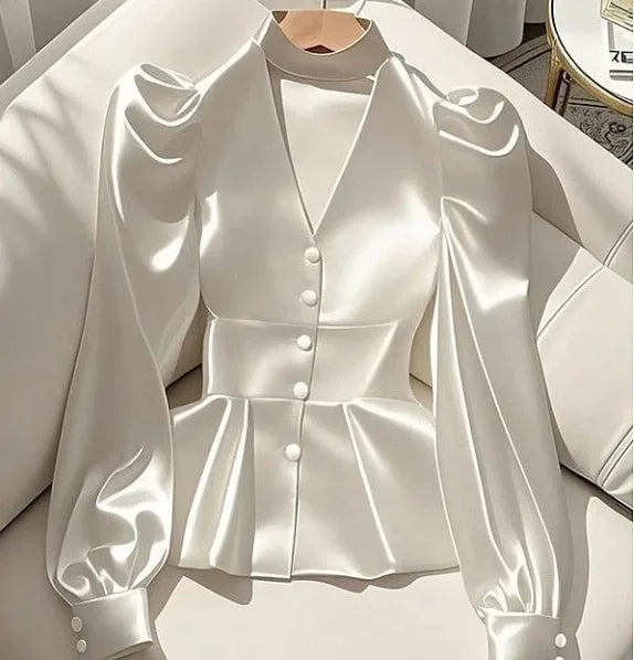 French Elegant Women's Shirt Luxury Waist Cinched White Satin Long Sleeve Shirt for Women Temperament Women's Elegant Blouses