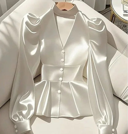 French Elegant Women's Shirt Luxury Waist Cinched White Satin Long Sleeve Shirt for Women Temperament Women's Elegant Blouses