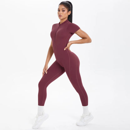 Short Sleeved Fitness Jumpsuit for Woman Bodysuits Backless Solid Color Scrunch One-Piece Suit Half Zipper Gym Yoga Sets Womens