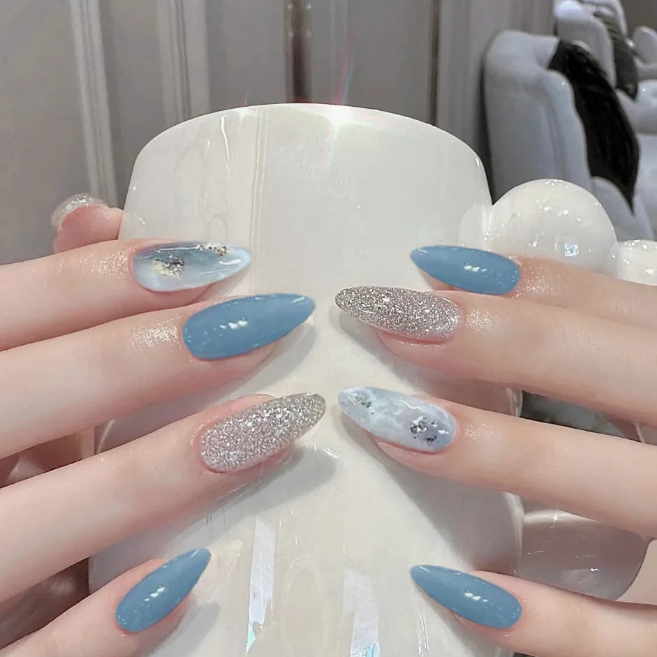 24pcs Romantic Y2k Star Press On Nails Gradient Blue French Style Gold Moon Designs Fake Nail Sweet Almond False Nails For Women Y17