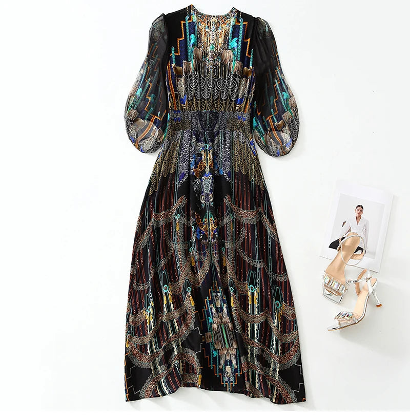 2025 Summer Bohemian Dresses For Women Elegant V-neck High Waist Women's Print Black Dress A-line 100% Real Silk Long Midi Dress Badiee Stylez