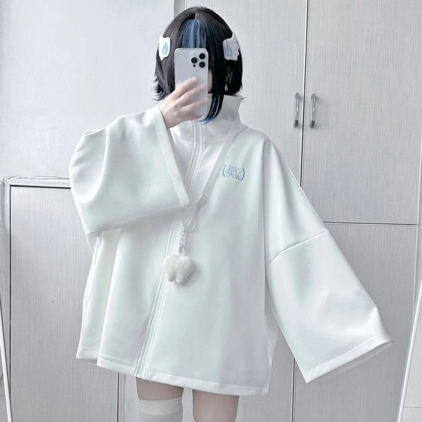 Spring Japanese Casual Solid Hoodies Women Loose Y2k Aesthetic Oversized Embroidery Coats Harajuku Zipper Grunge Sweatshirts WHITE
