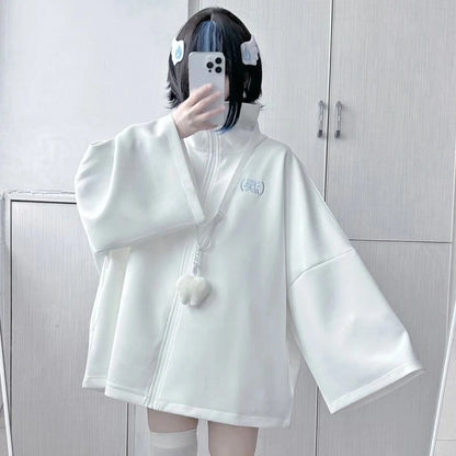 Spring Japanese Casual Solid Hoodies Women Loose Y2k Aesthetic Oversized Embroidery Coats Harajuku Zipper Grunge Sweatshirts WHITE