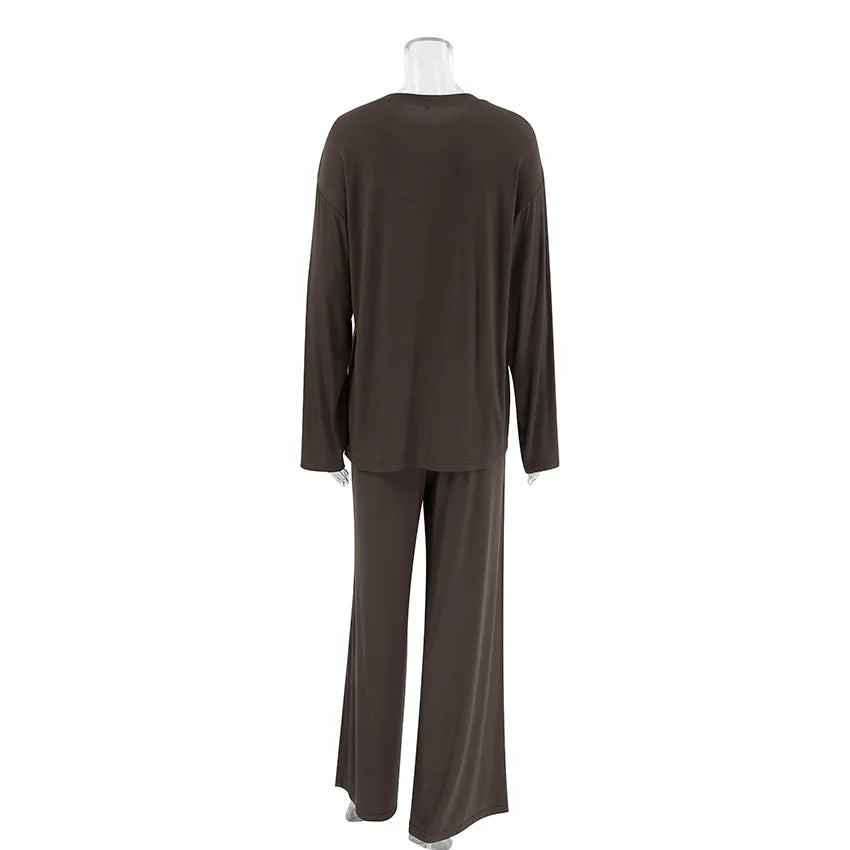 New 2025 Brown Loose Female Sleepwear Suit O-Neck Nightgowns Long Sleeve Nightwear Wide Leg Pants Women's Pajamas 2 Piece Set