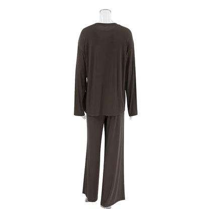 New 2025 Brown Loose Female Sleepwear Suit O-Neck Nightgowns Long Sleeve Nightwear Wide Leg Pants Women's Pajamas 2 Piece Set