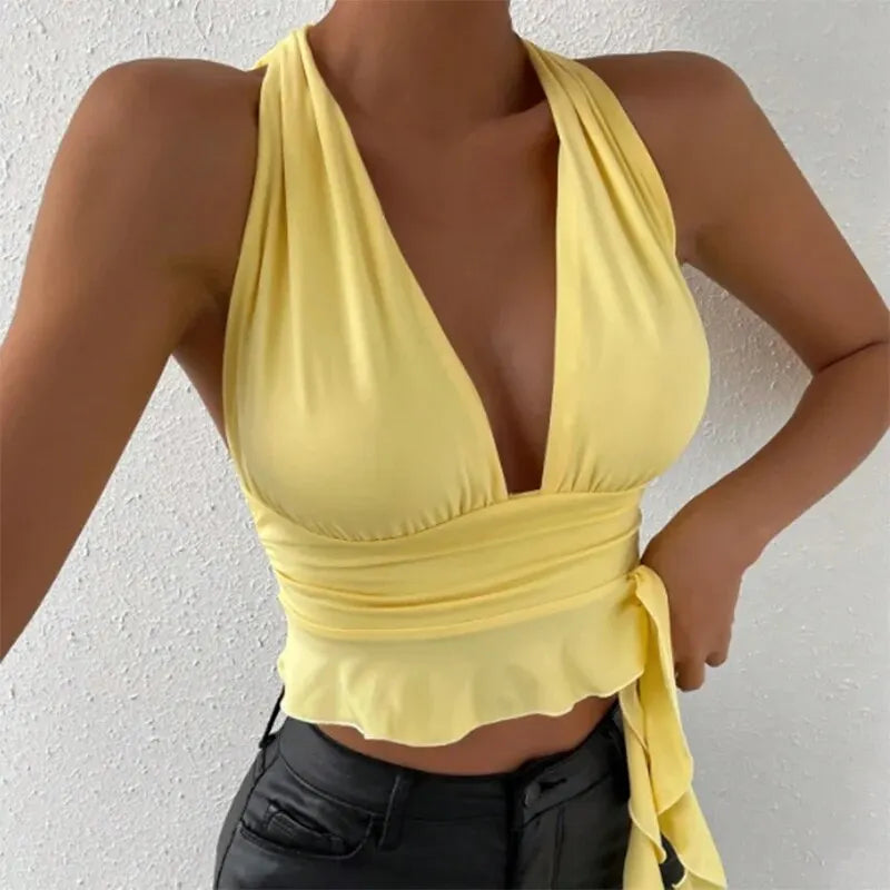 Women's Sexy Tight Fitting Deep V-neck Pleated Top Tight Fitting 2024 Spring Beach Resort Nightclub New Model Women's Sexy Tigh