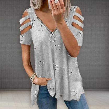 Women Summer Top V Neck Low-cut Hollow Out Short Sleeves T-shirt Match Pants Loose Plus Size Women Blouse Women Clothes